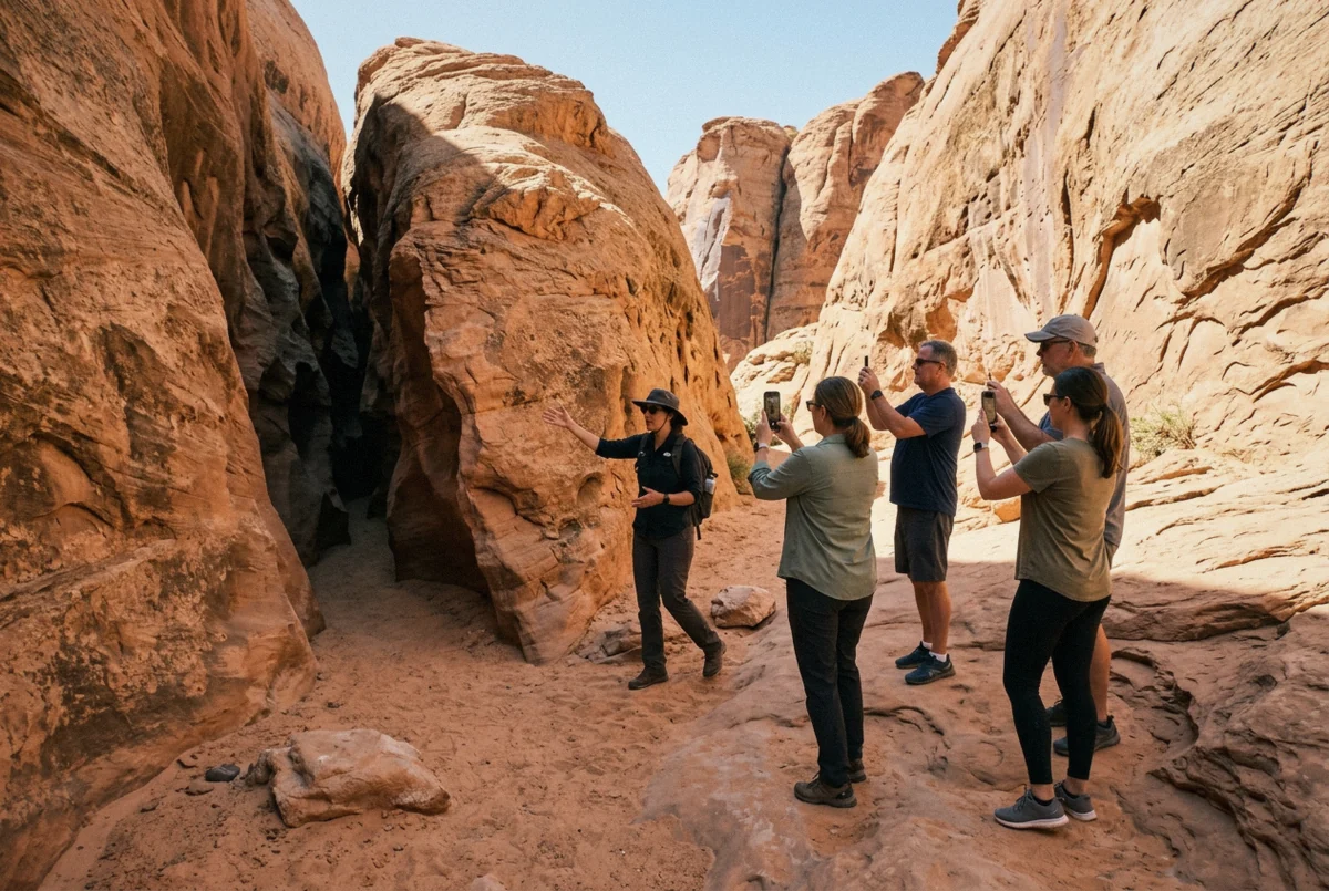 A Navajo guide pointing out a shot to a visitor holding a handheld camera inside Antelope Canyon under the no-tripod photography rules
