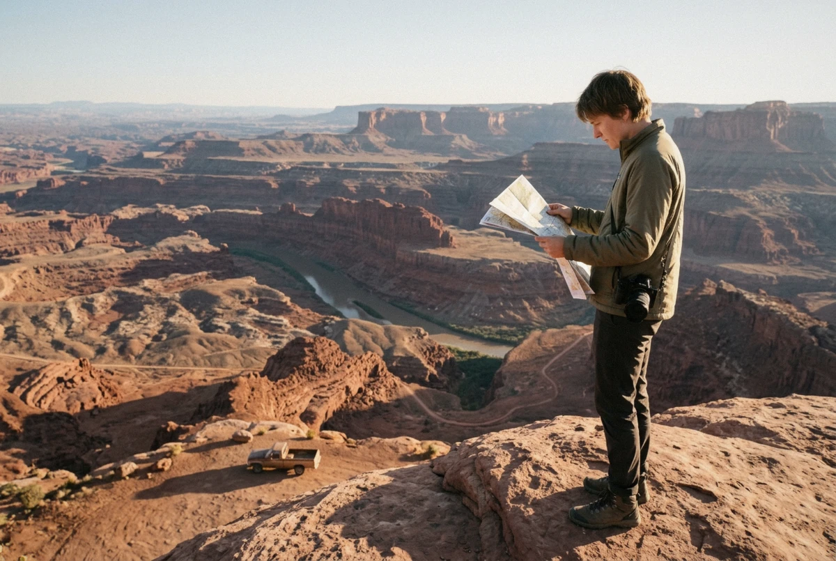Photographer studying a map on a high sandstone ledge above a winding desert canyon, one of the best photography spots in Arizona