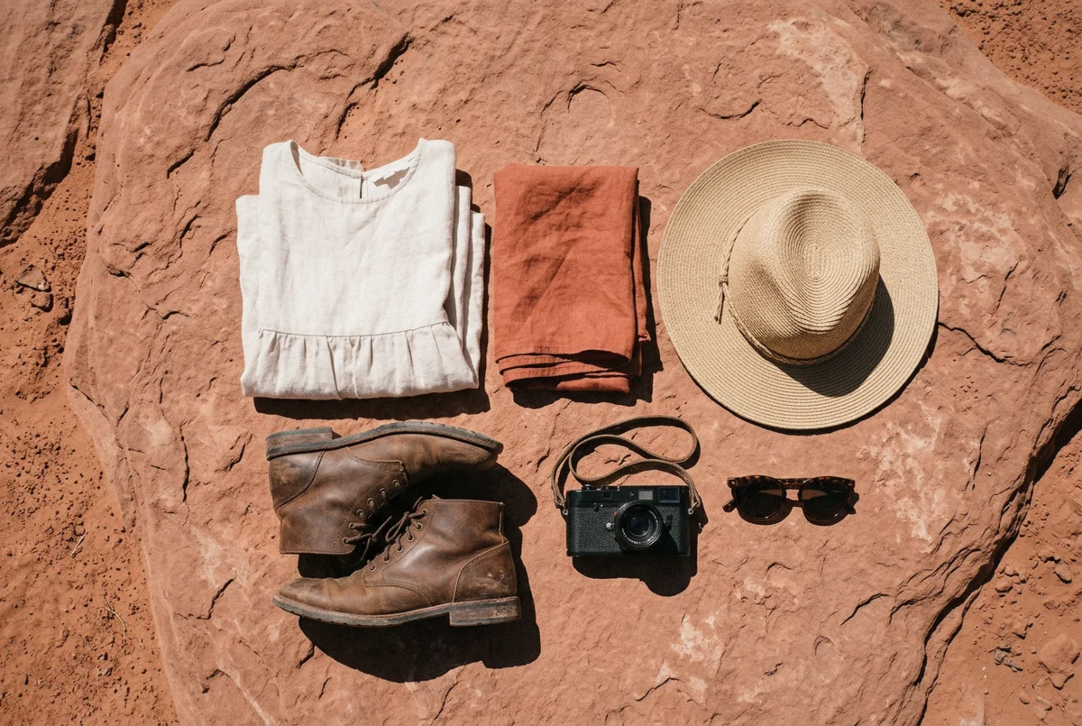 Traveler adjusting a terracotta scarf before a desert photoshoot on red sandstone in Arizona