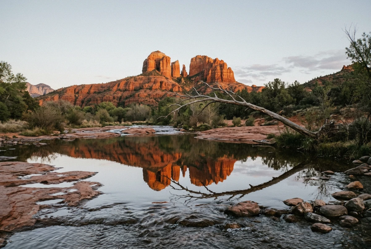 Cathedral Rock's red spires above Oak Creek at golden hour during a Sedona Arizona photoshoot