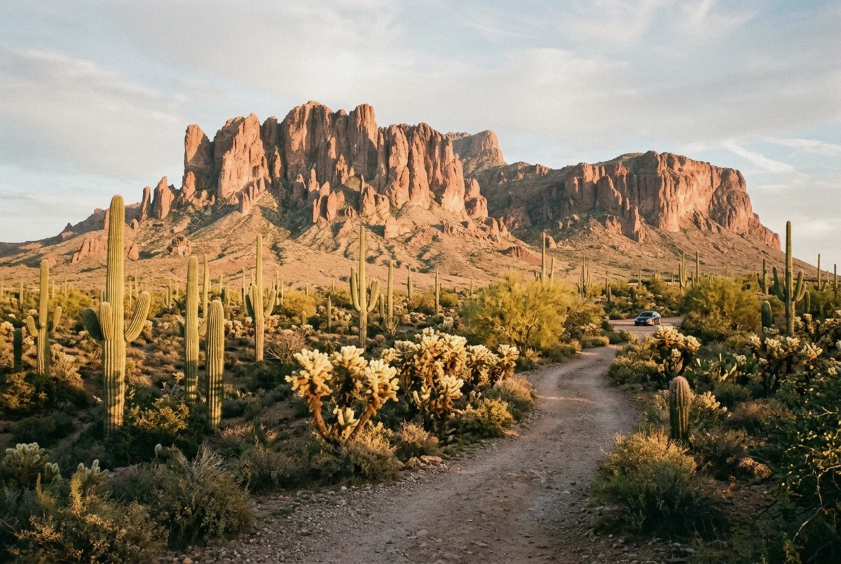 Superstition Mountains glowing pink at golden hour above saguaro desert, an Arizona photoshoot backdrop near Phoenix