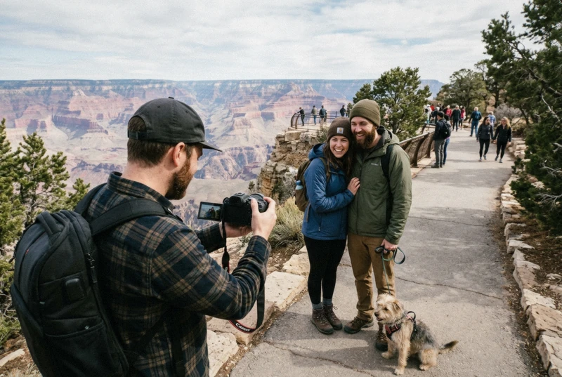 Photographer showing preview photos to a laughing couple at a Grand Canyon rim viewpoint on an Arizona photoshoot
